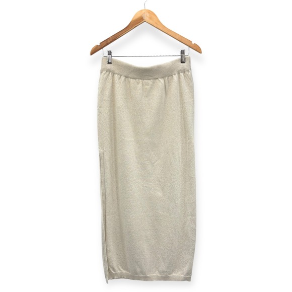 Anthropologie NEW Cream Metallic Knit Side-Slit Midi Skirt - Size‎ Large - Picture 6 of 11